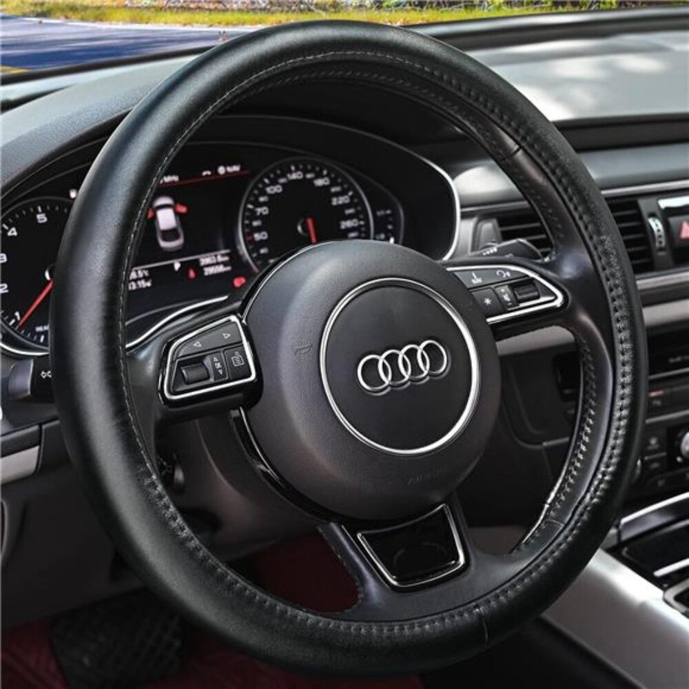 Heavy Duty Pure Cowhide Steering Wheel Cover, Black Genuine Leather